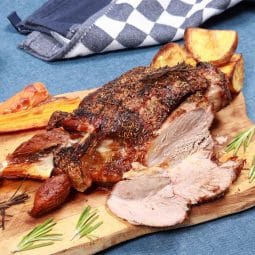 Juicy boneless leg of lamb sliced from the air fryer