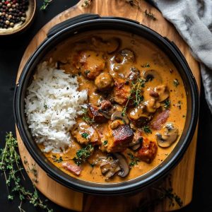 mørbradgryde i airfryer med bacon champignon og cocktail pølser