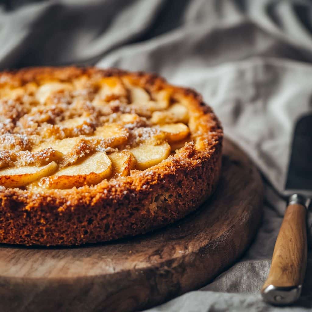 Sydfynsk æblekage i airfryer serveret på et fad med en kniv