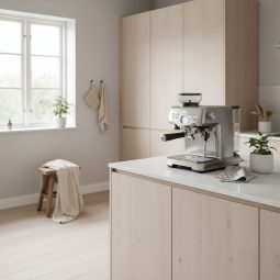 Sage Espresso maskine sølv farvet som står i et moderne nordisk køkken