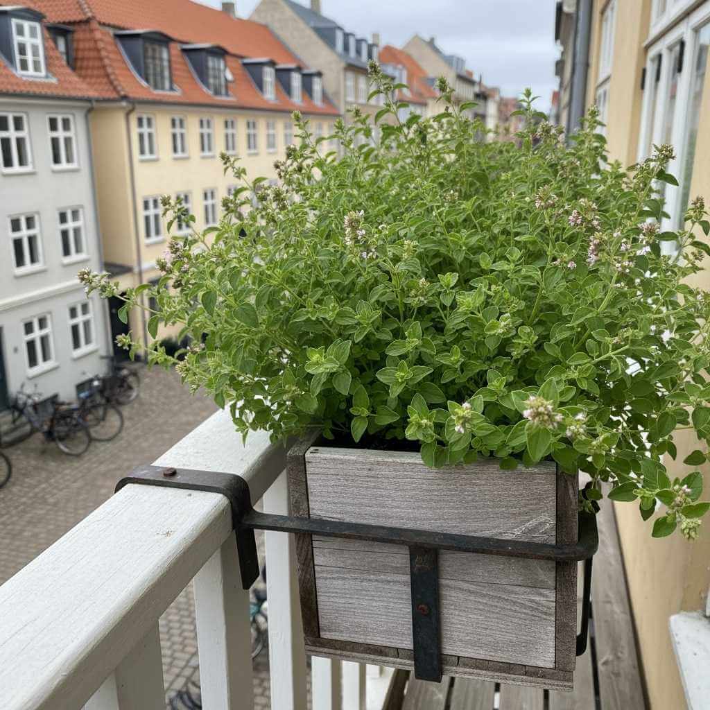 Merian i dansk altankasse – Origanum majorana i blomst på bybalkon