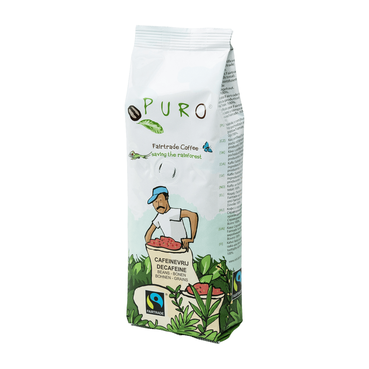 Puro Organic Koffeinfri mellemristede kaffebønner i 250g pose med 100% økologisk arabica uden koffein