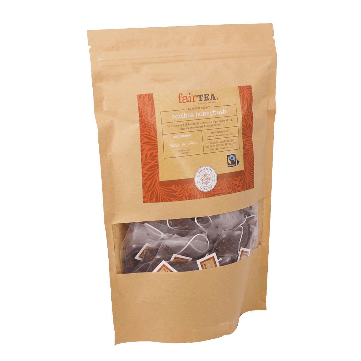 En pakke FairTea Rooibos Honeybush breve med koffeinfri rooibos og honeybush te fra Sydafrika