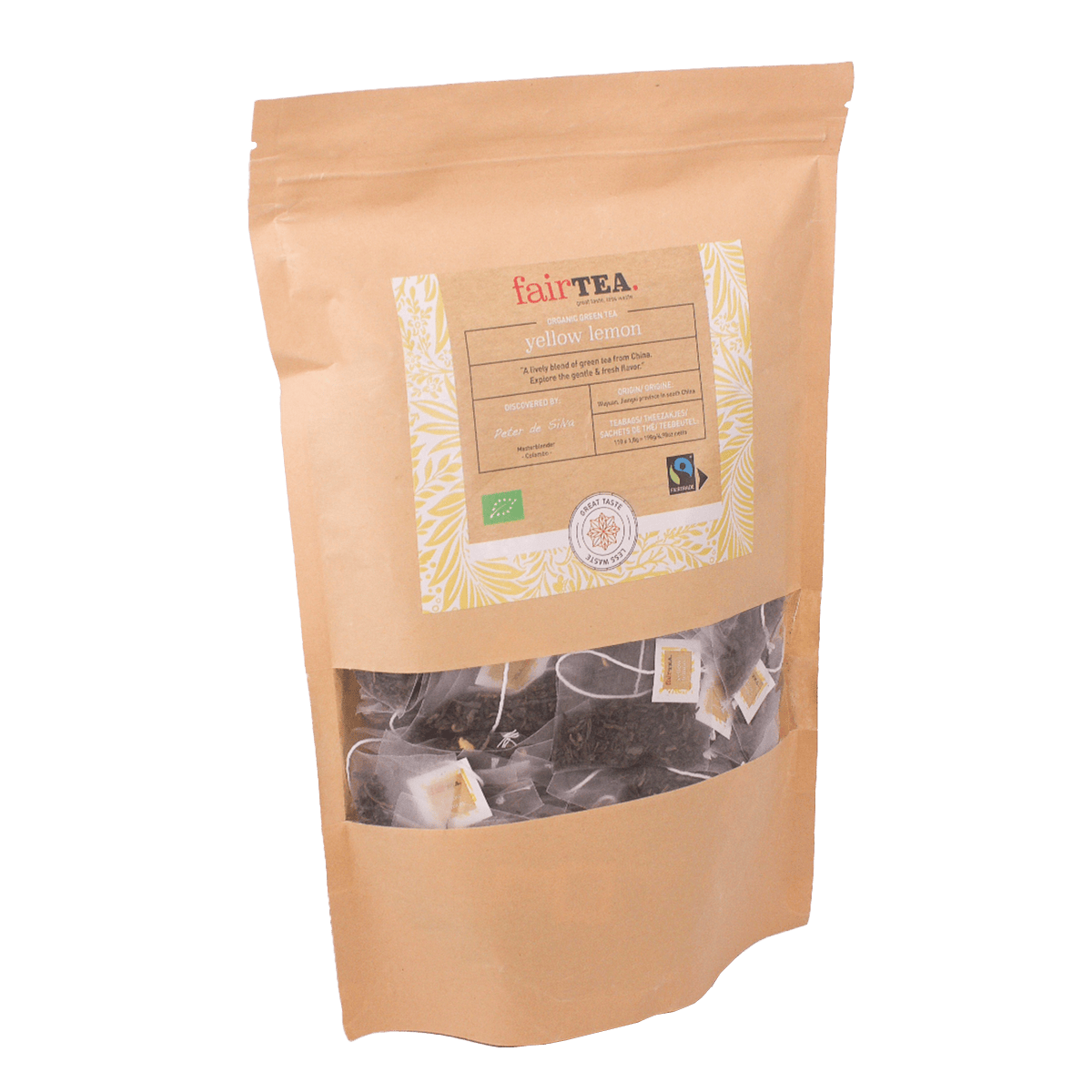 En pakke FairTea Yellow Lemon breve med grøn te og citronskal fra Kina