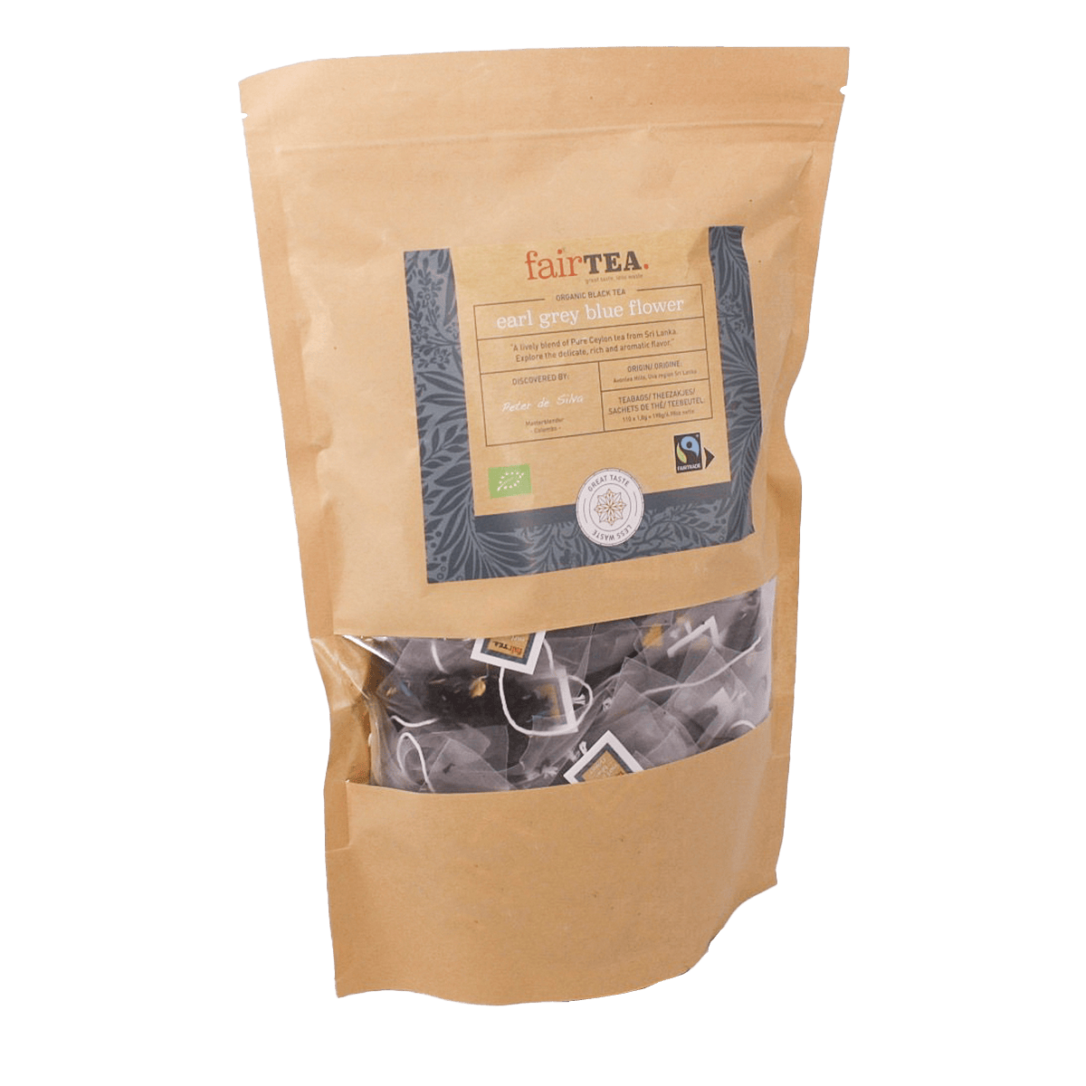 En pakke FairTea Earl Grey Blue Flower breve med sort te, bergamot og blå kornblomster fra Sri Lanka