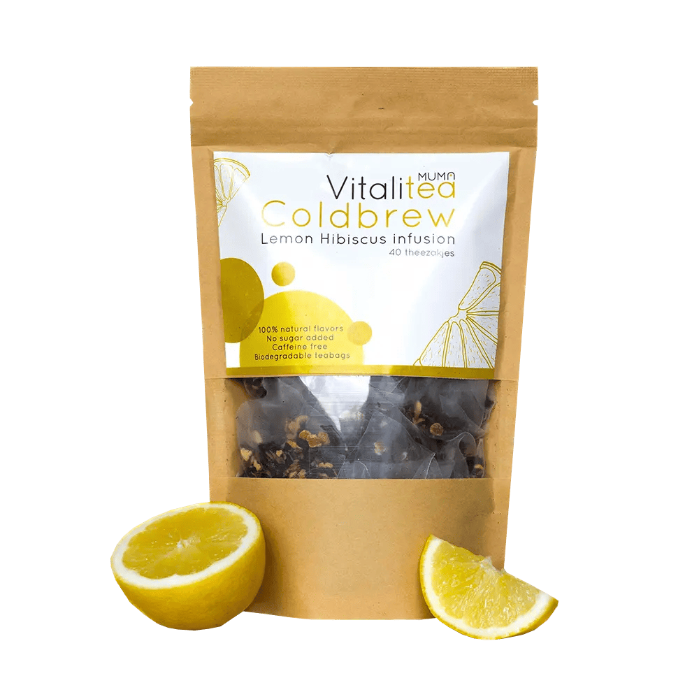 MUMA Citron & Hibiscus Cold Brew teposen med smukke røde og gule farver der viser citron og hibiscusblomster