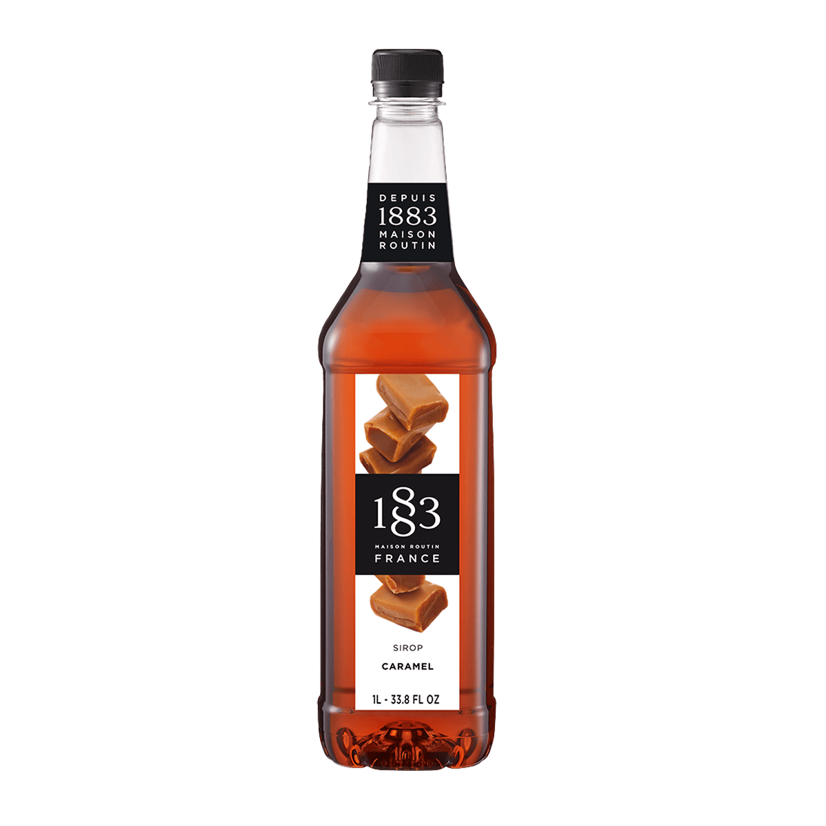 Flaske med 1883 karamelsirup 100 cl klar til brug i kaffe, iskaffe, desserter og cocktails.