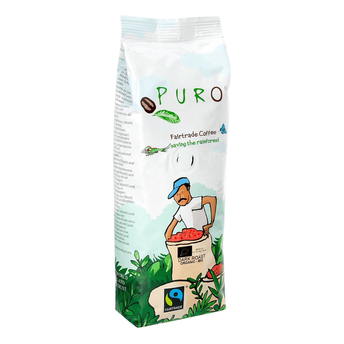 En pose Puro Organic Dark Roast filterkaffe med mørke ristede kaffebønner fra Peru og Honduras