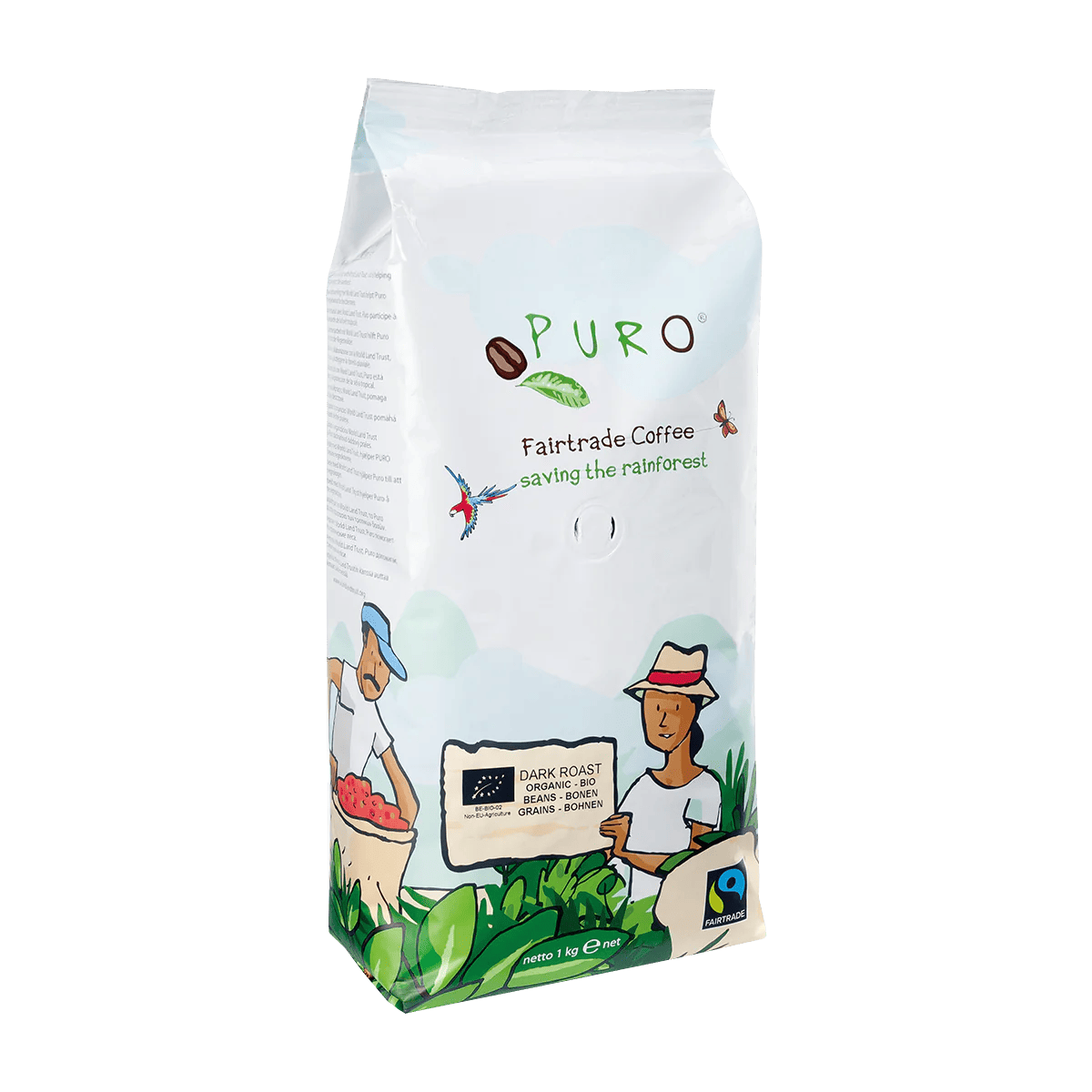 En pose Puro Organic Dark Roast økologiske kaffebønner på et køkkenbord ved siden af en kop friskbrygget kaffe