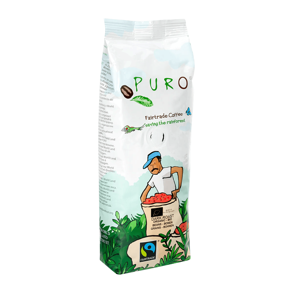 Puro Organic Dark Roast mørkristede kaffebønner i 250g pose med 100% økologisk arabica