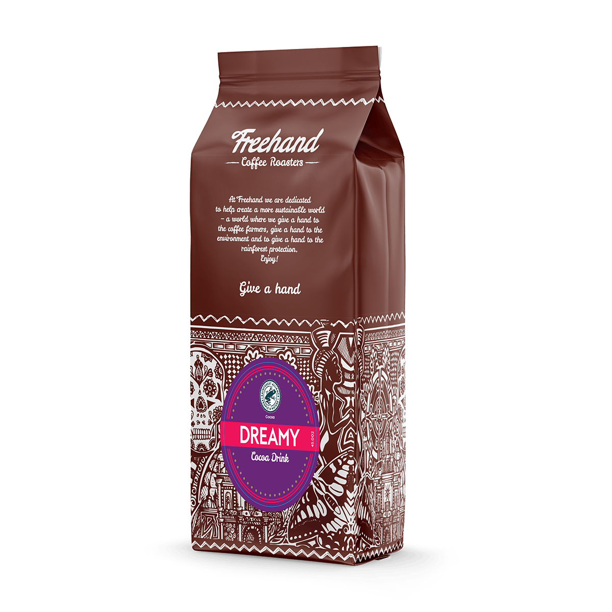 Freehand Cocoa Dreamy kakaopulver i gul emballage - ekstra mørk chokoladedrik med 14,5% kakao