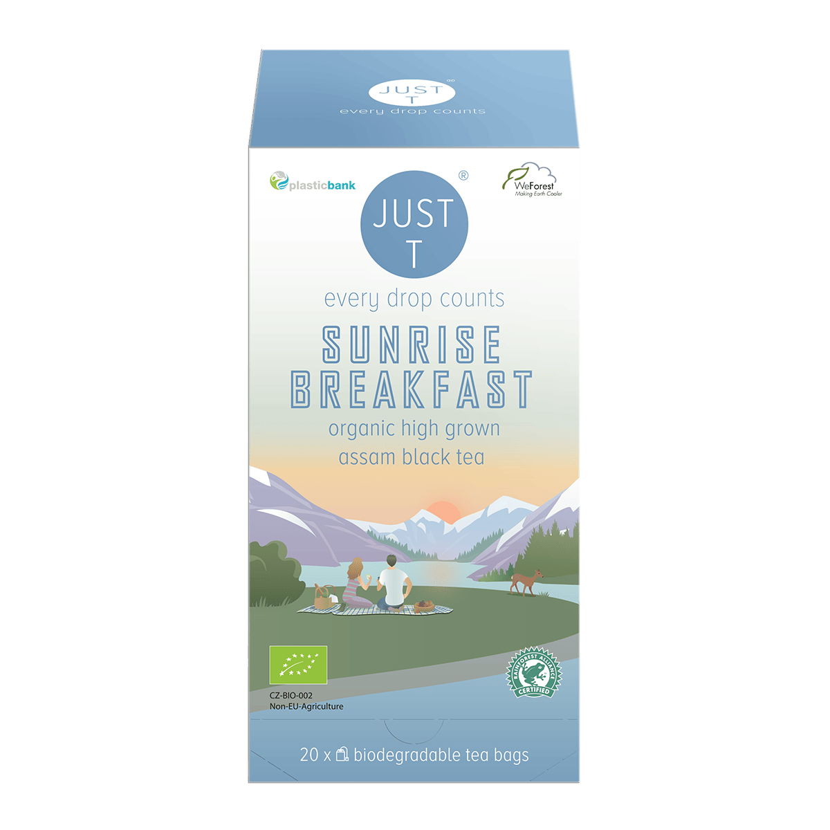 Just T Sunrise Breakfast te i en elegant æske med sort Assam te til morgenmaden