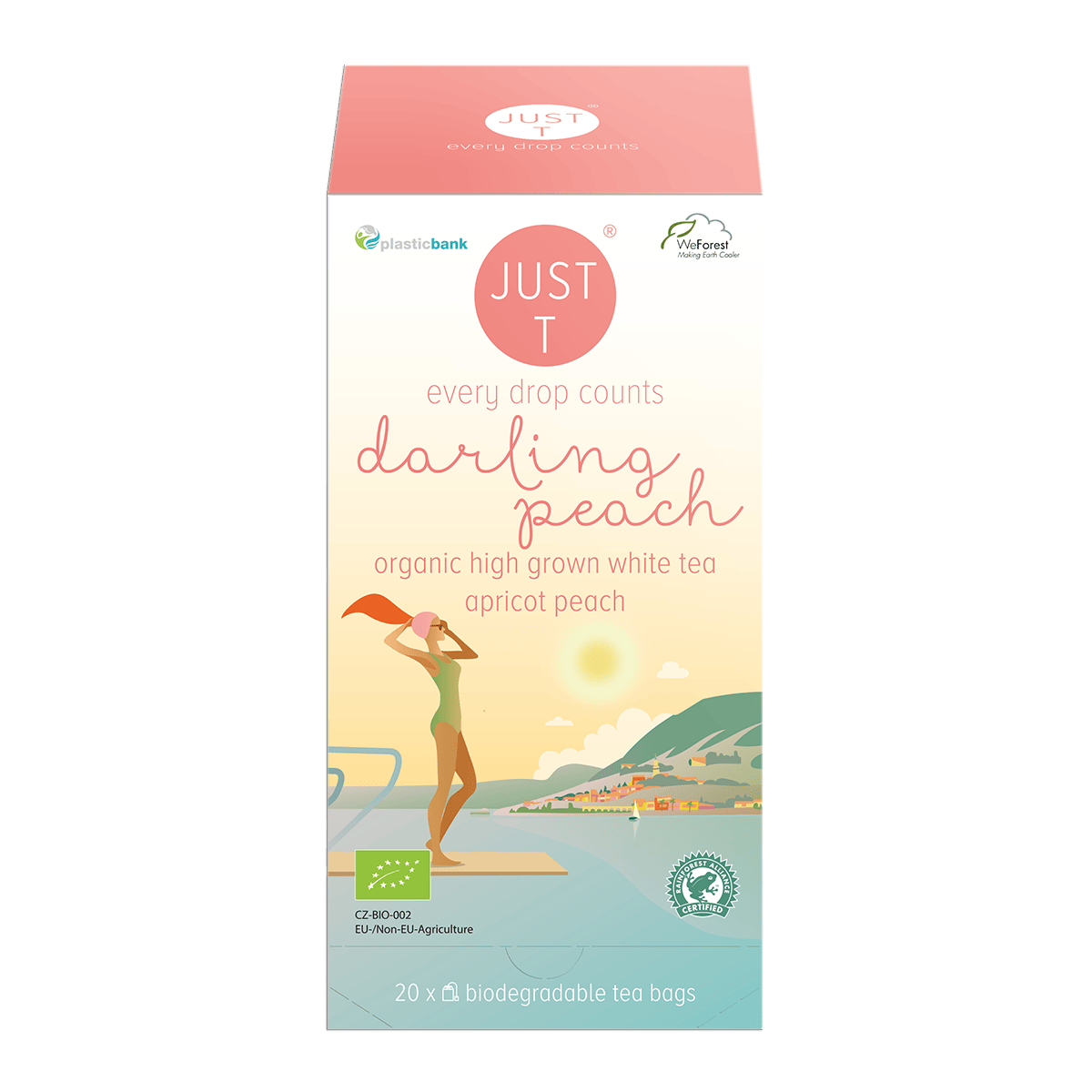En flot pose Just T Darling Peach hvid te med fersken og abrikos på et moderne køkkenbord