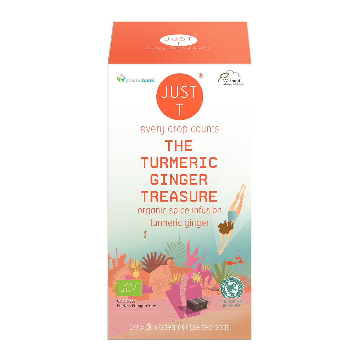 En flot pose Just T Turmeric Ginger Treasure krydret te med gurkemeje og ingefær på et moderne køkkenbord