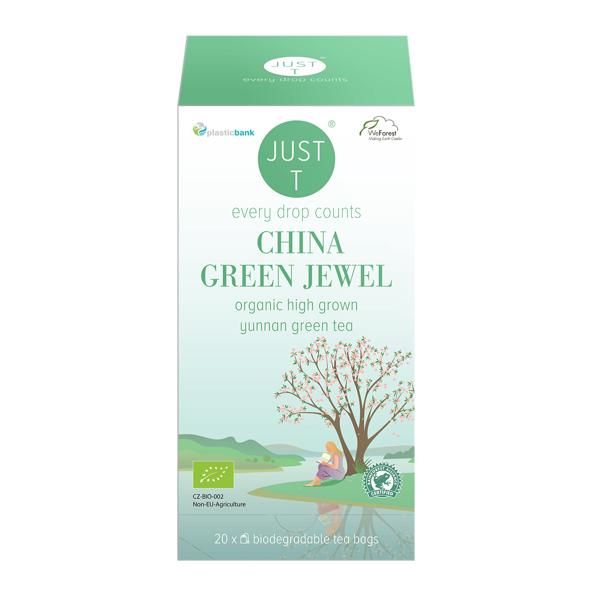 En flot pose Just T China Green Jewel grøn te fra Yunnan på et moderne køkkenbord