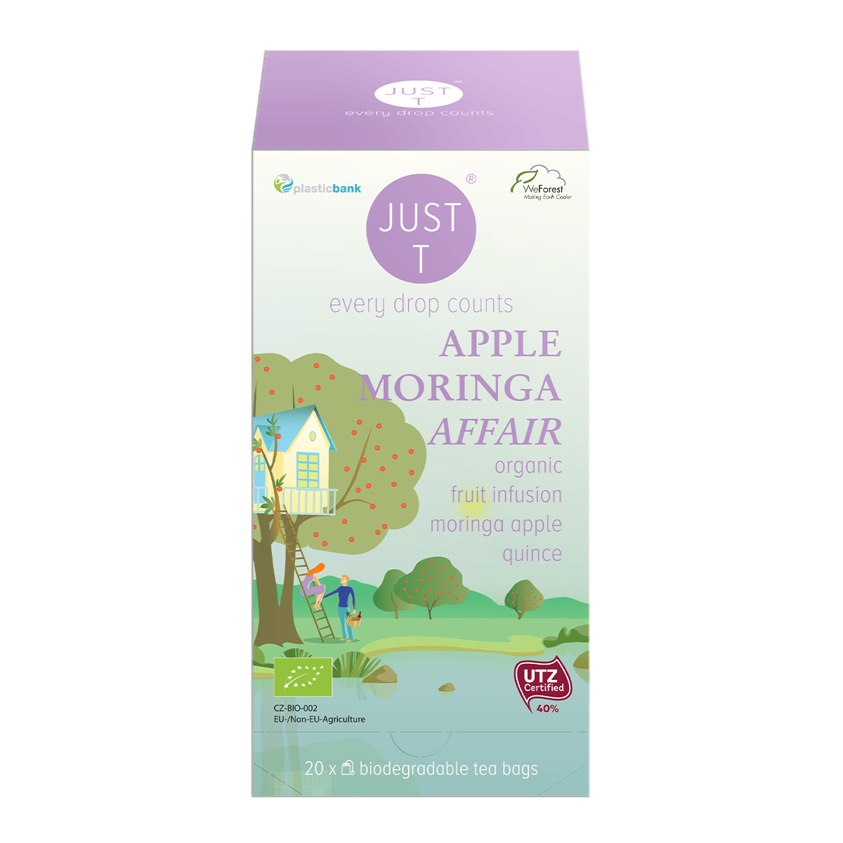 En flot pose Just T Apple Moringa Affair æble te med moringa superfood på et moderne køkkenbord