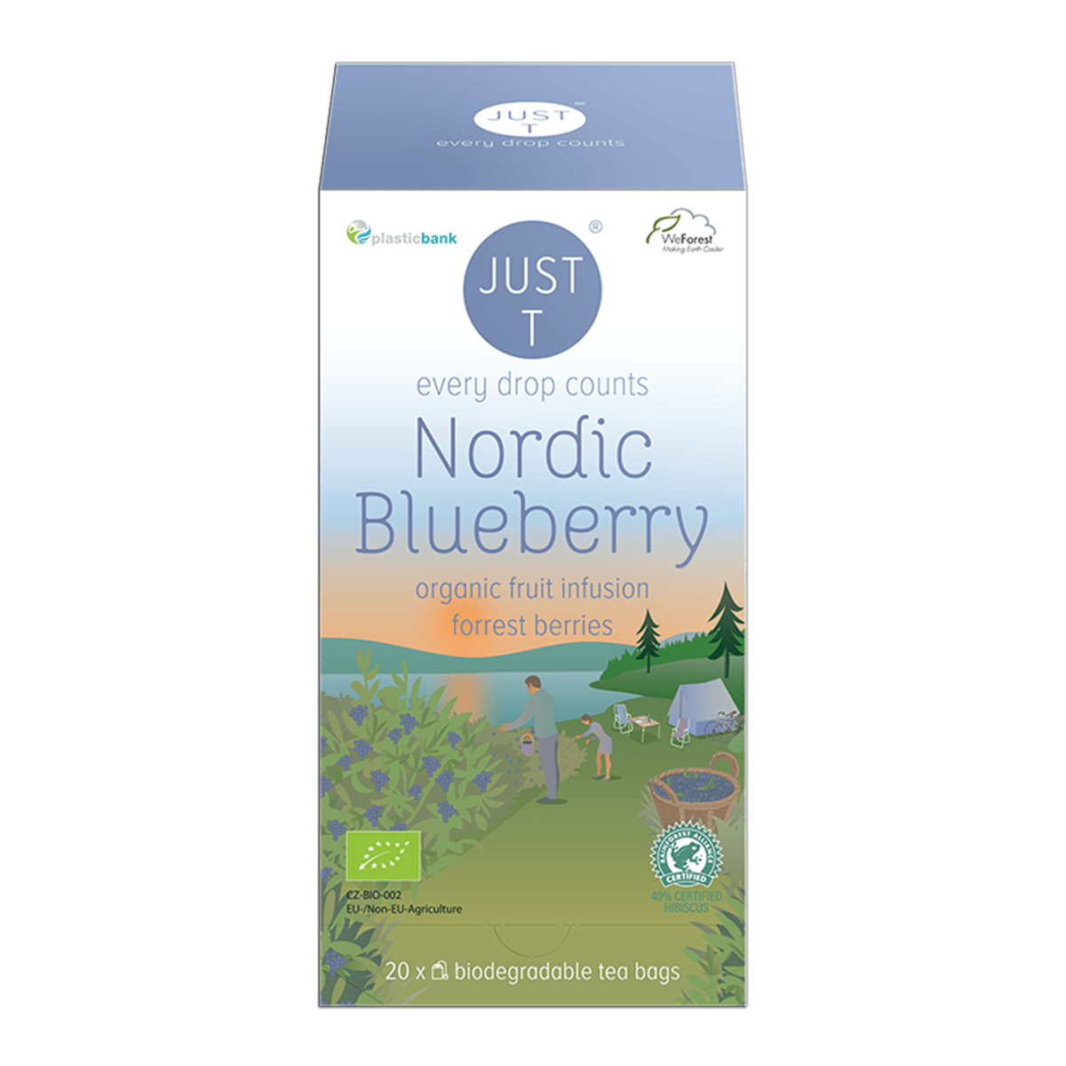 En flot pose Just T Nordic Blueberry blåbær te på et moderne køkkenbord