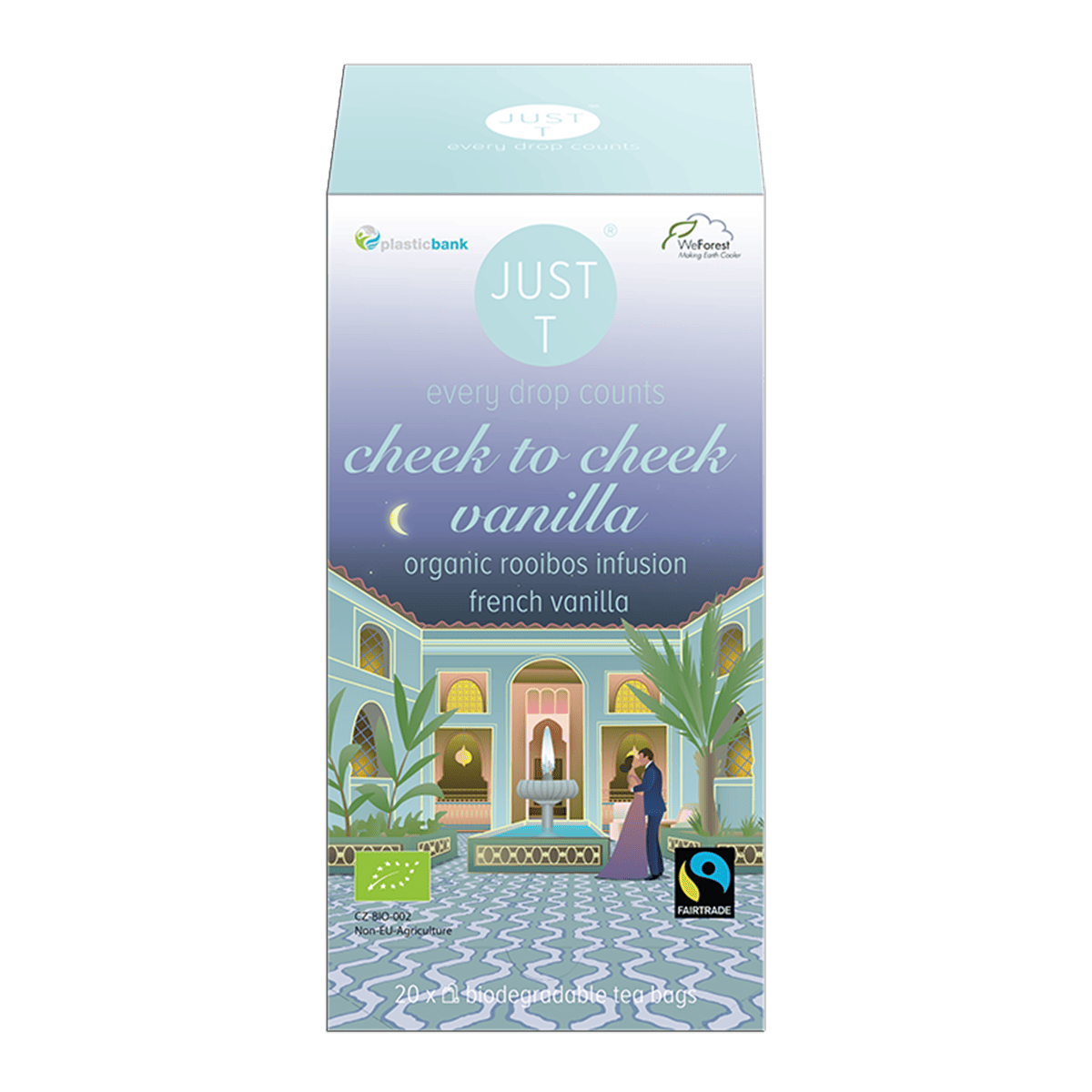 En flot pose Just T Cheek To Cheek Vanilla rooibos te med bourbon vanilje på et moderne køkkenbord