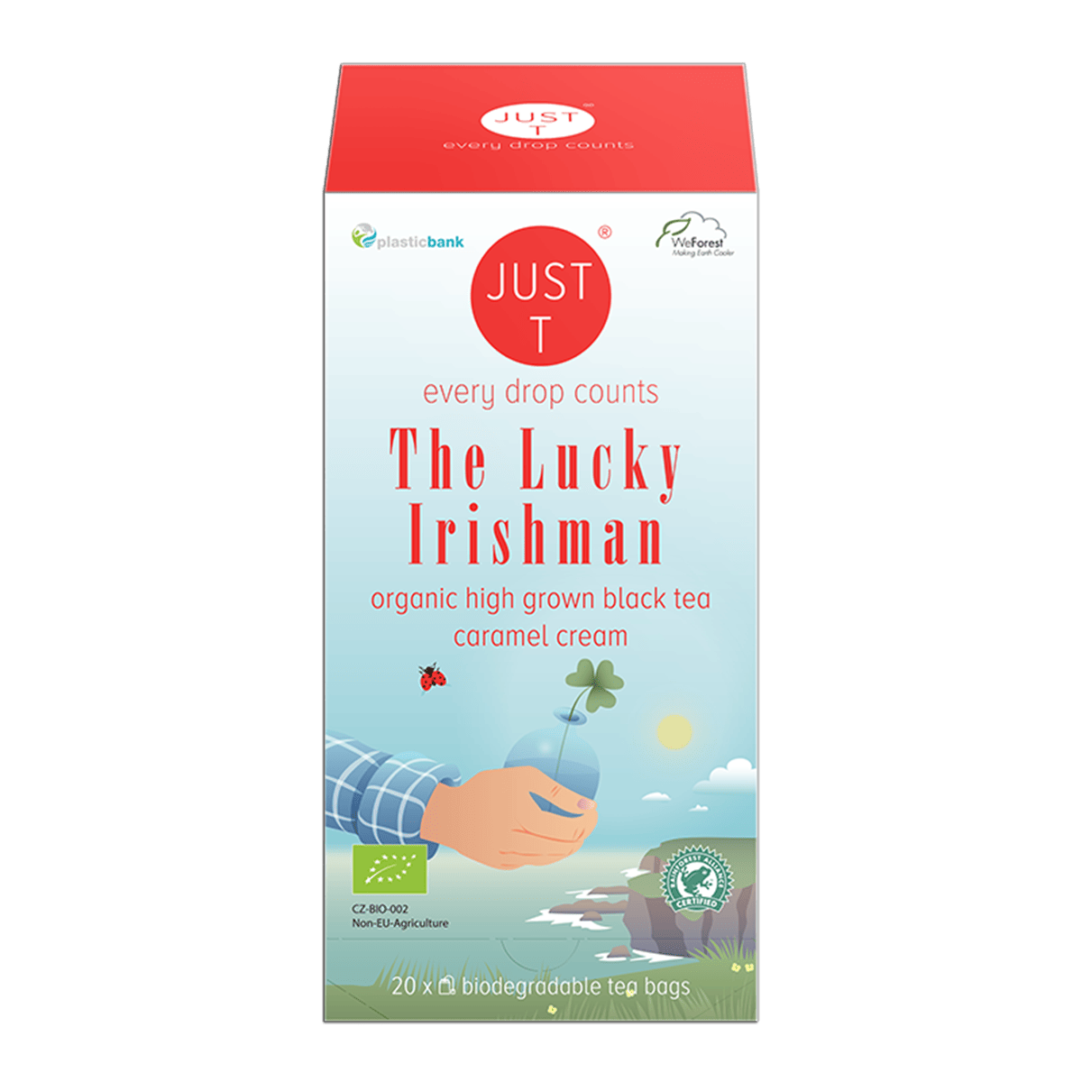 En pakke Just T Lucky Irishman te med karamel, kakao, vanilje og grønne kaffebønner