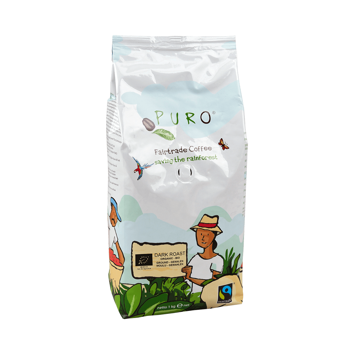 En pose Puro Organic Dark Roast filterkaffe med mørkristede økologiske bønner fra Peru og Honduras