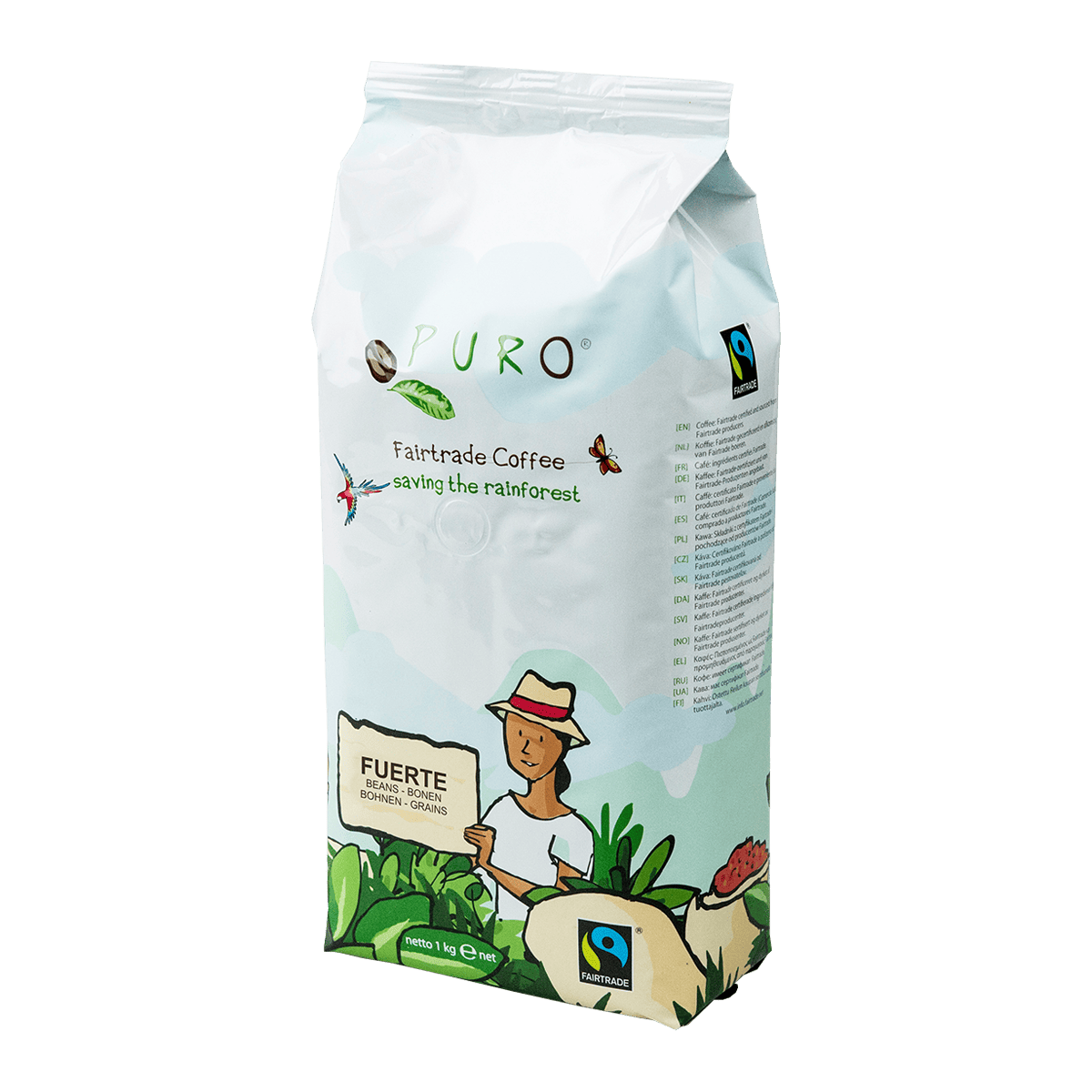 En pose Puro Fuerte kaffebønner på 1 kg med mørk ristning til espresso