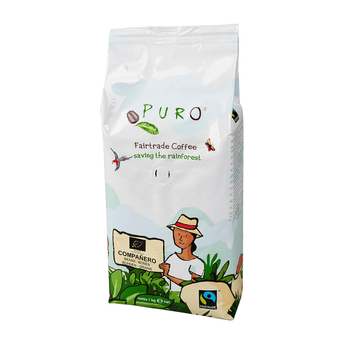 En pose Puro Compañero mørkristede kaffebønner på et køkkenbord klar til at lave autentisk italiensk espresso med tyk crema