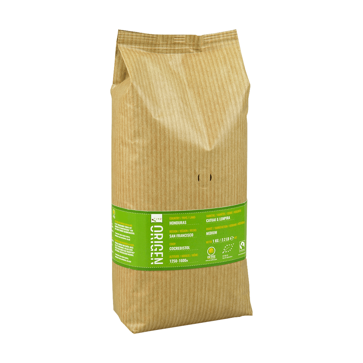 En pose Puro Single Origin kaffebønner fra Honduras på et køkkenbord klar til at blive malet til espresso eller pour over kaffe