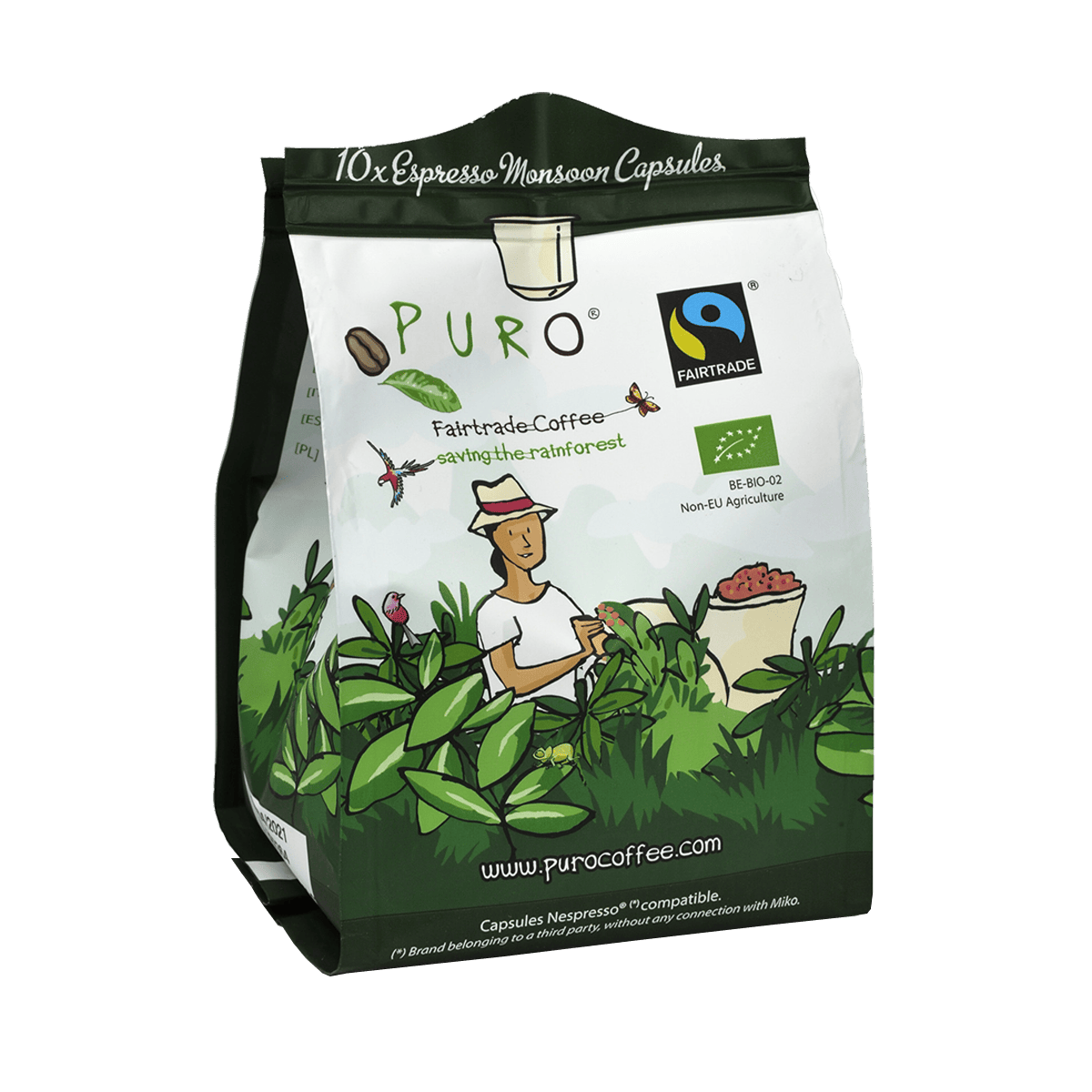 Puro Monsoon espresso kaffekapsler i pakke med 10 stk fra Freehand Coffee Club på køkkenbord