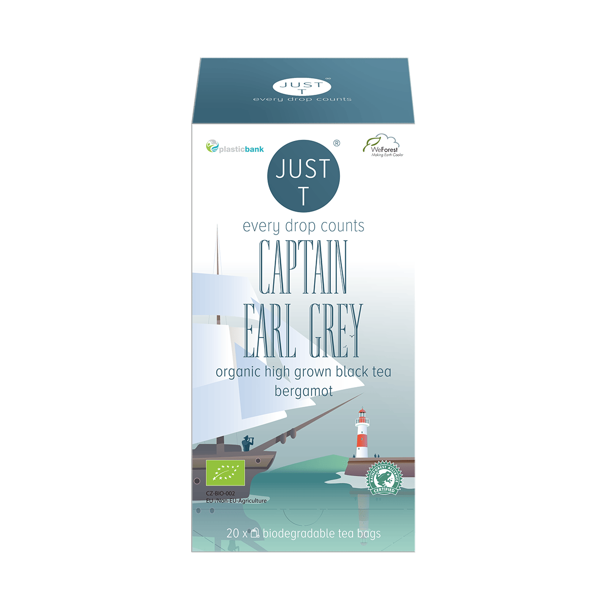 En pakke Just T Captain Earl Grey te med den klassiske sorte te aromatiseret med bergamot