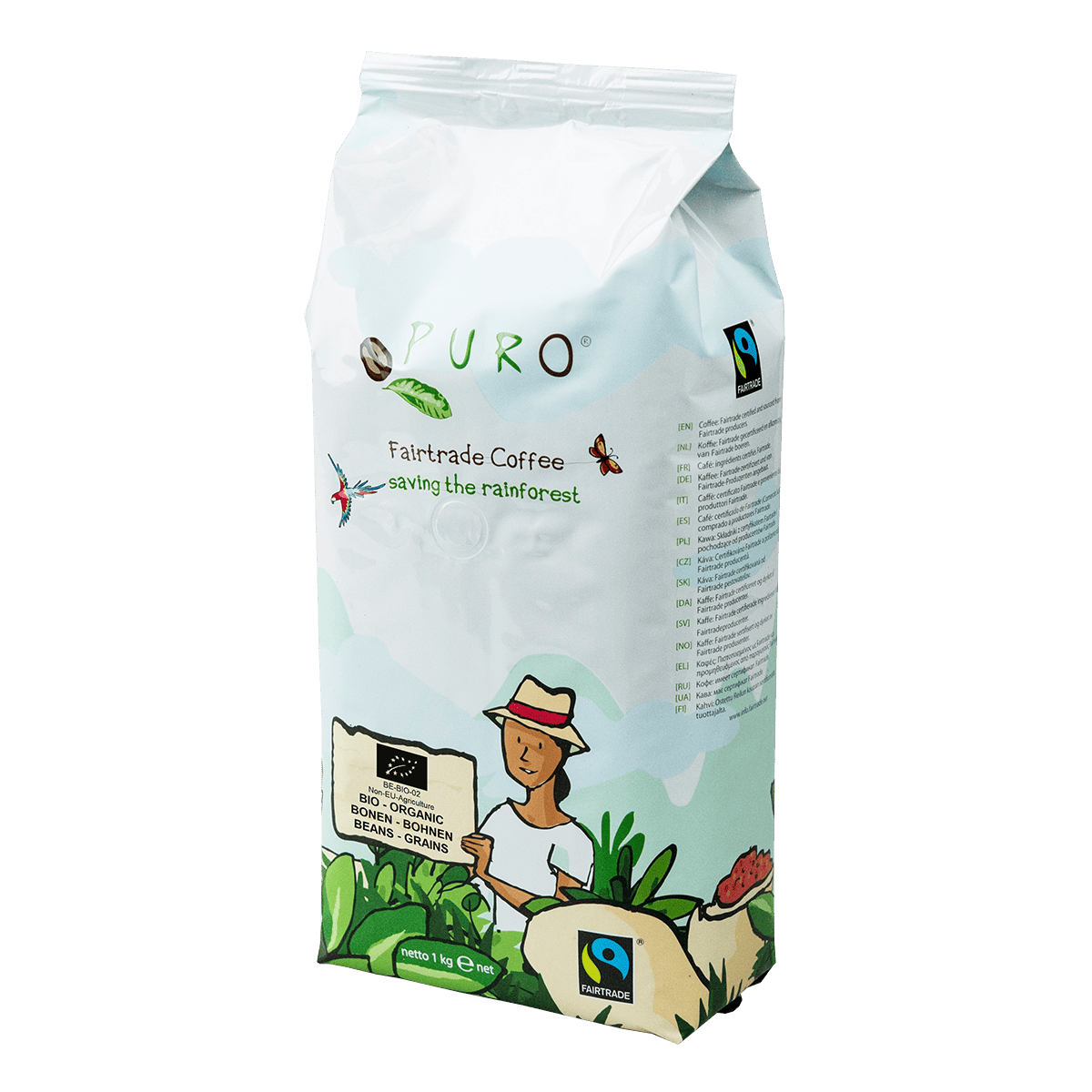 En pose Puro Organic økologiske kaffebønner på et moderne køkkenbord klar til at blive brygget til den perfekte kop kaffe
