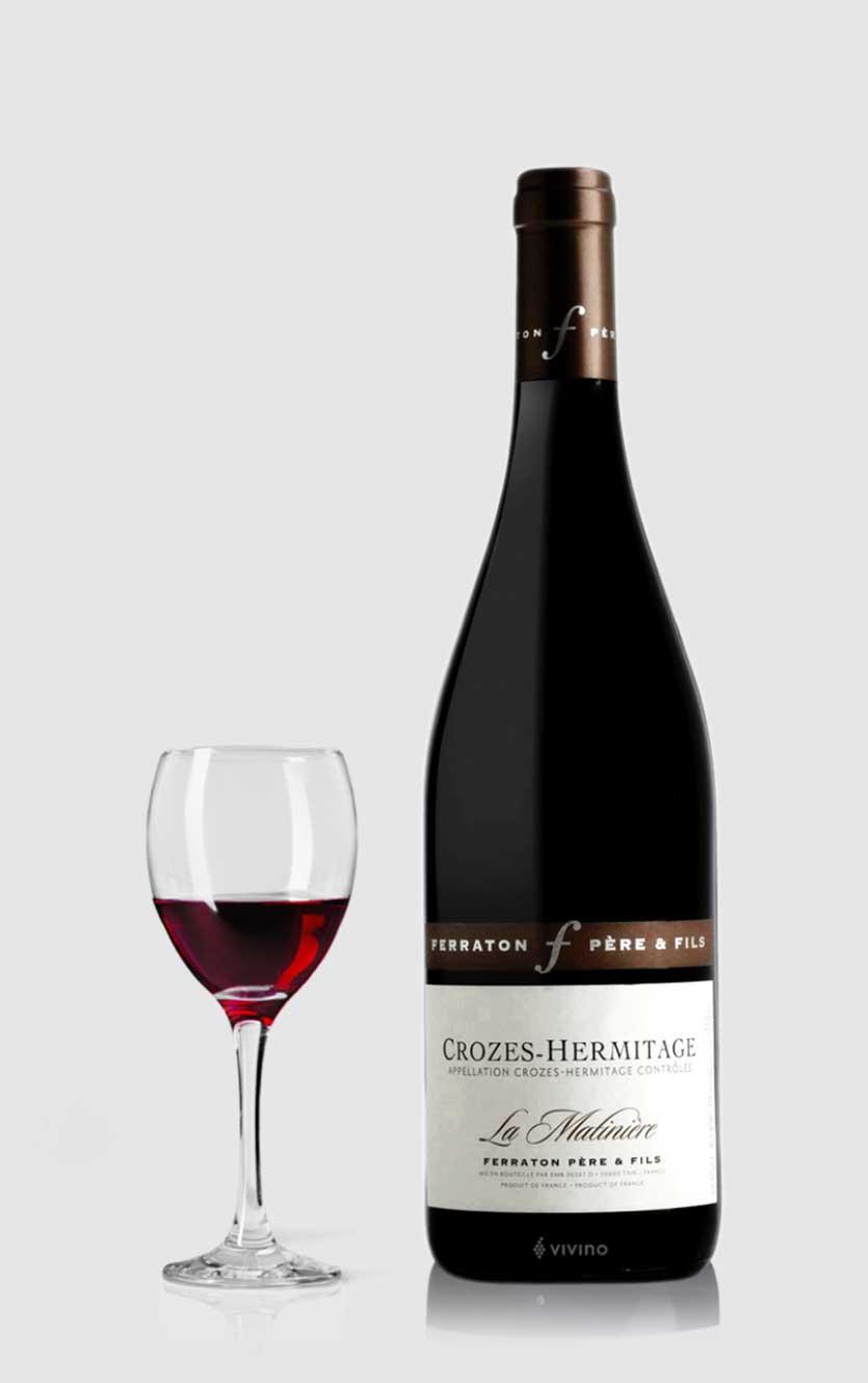 Flaske med Ferraton Crozes-Hermitage La Matinière 2022, en krydret fransk rødvin.