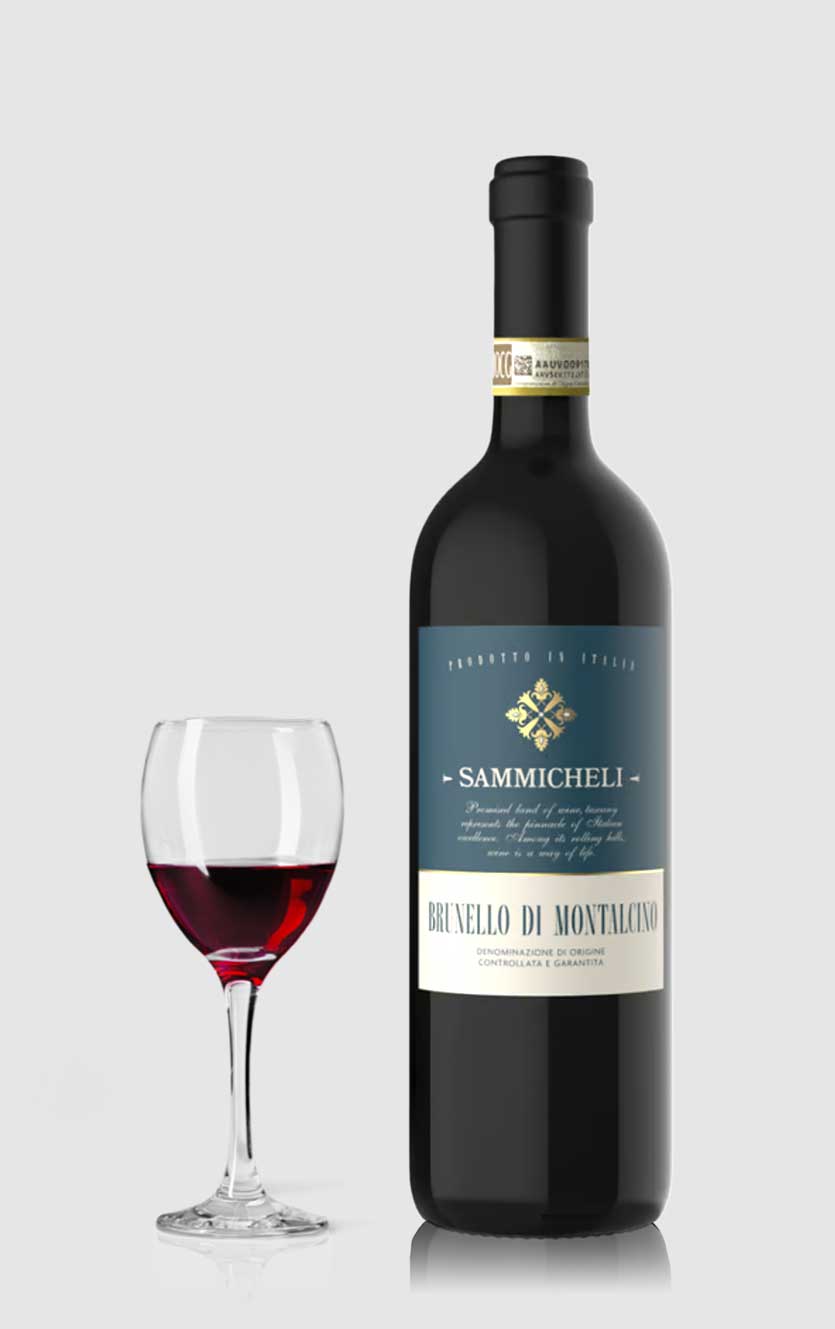 En flot flaske Sammicheli Brunello di Montalcino rødvin fra Toscana i Italien med kompleks Sangiovese karakter