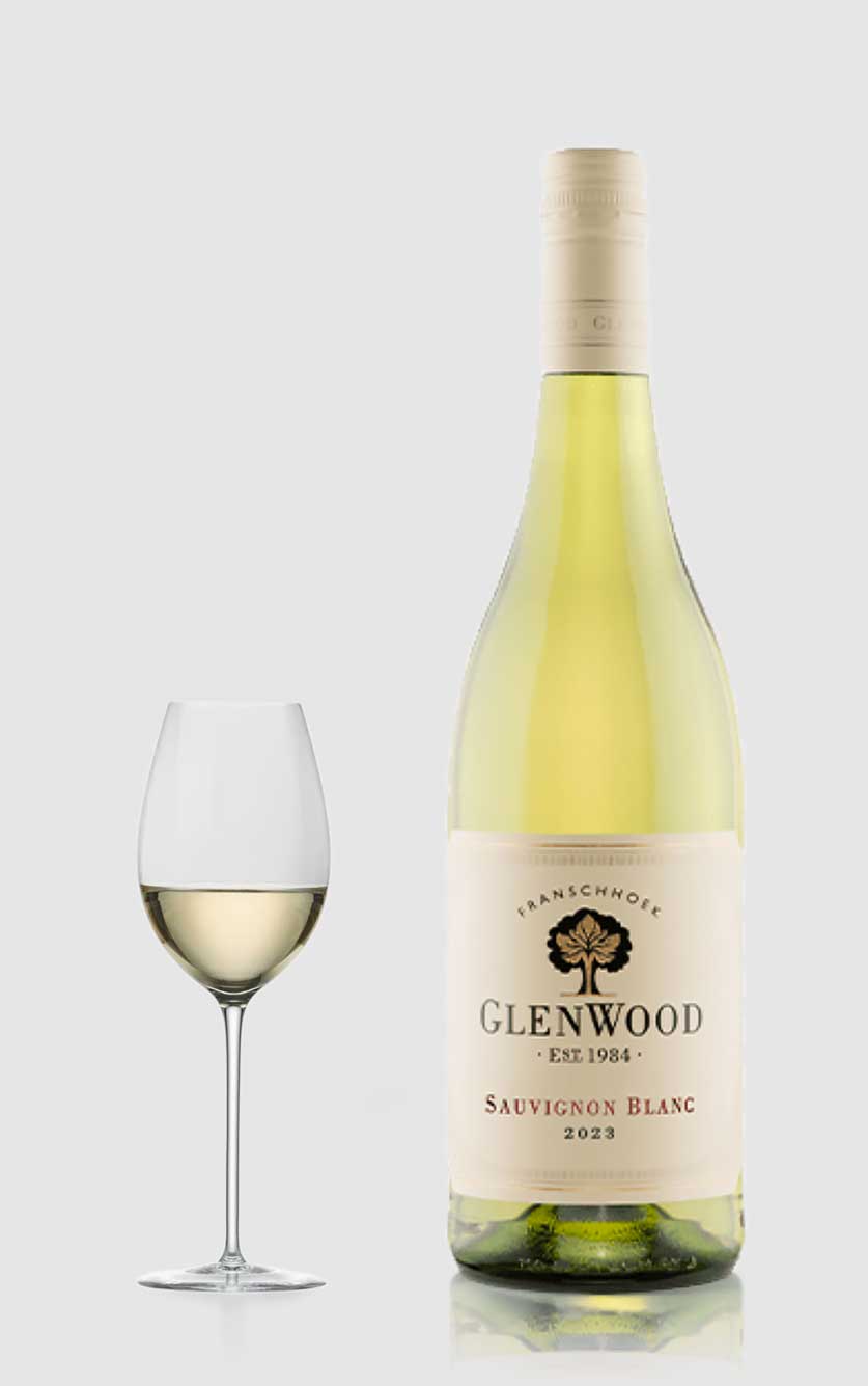 En elegant flaske Glenwood Sauvignon Blanc hvidvin fra Franschhoek-dalen i Sydafrika