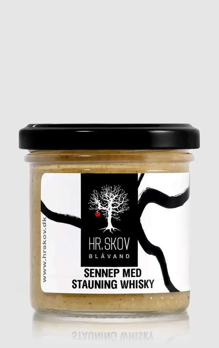 Glas med grov sennep tilsat Stauning Whisky