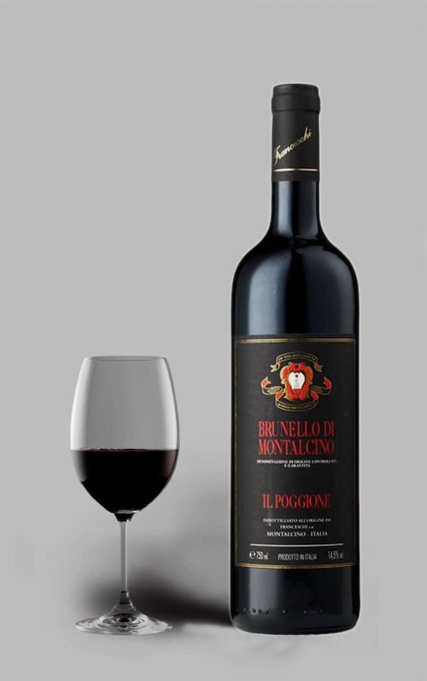 Flaske med Tenuta Il Poggione Brunello di Montalcino 2018, en anerkendt italiensk rødvin.