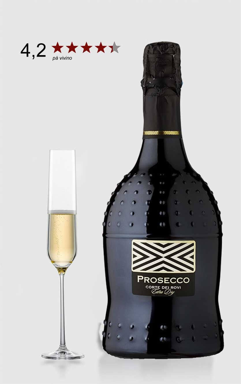 En flot flaske Villa Degli Olmi Corte dei Rovi Prosecco Spumante med elegant etiket og fine bobler