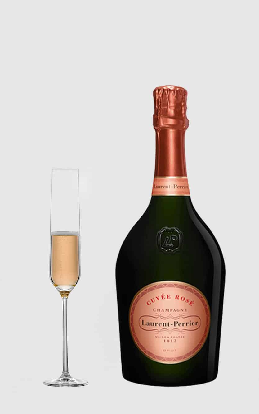 En flot flaske Laurent-Perrier Cuvée Rosé Brut champagne med ikonisk rød farve og elegant design