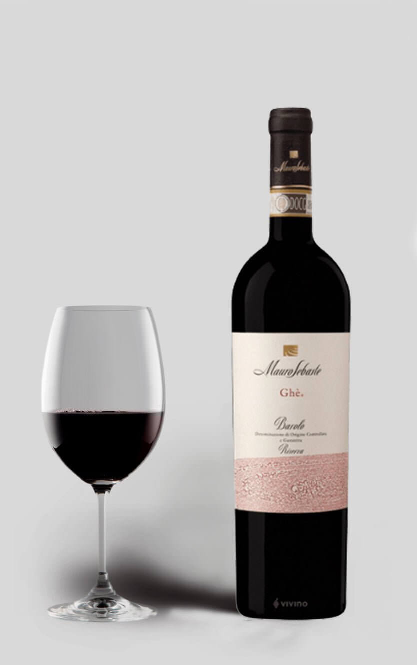 Flaske med Mauro Sebaste Barolo Riserva Ghè 2015, en eksklusiv italiensk rødvin.