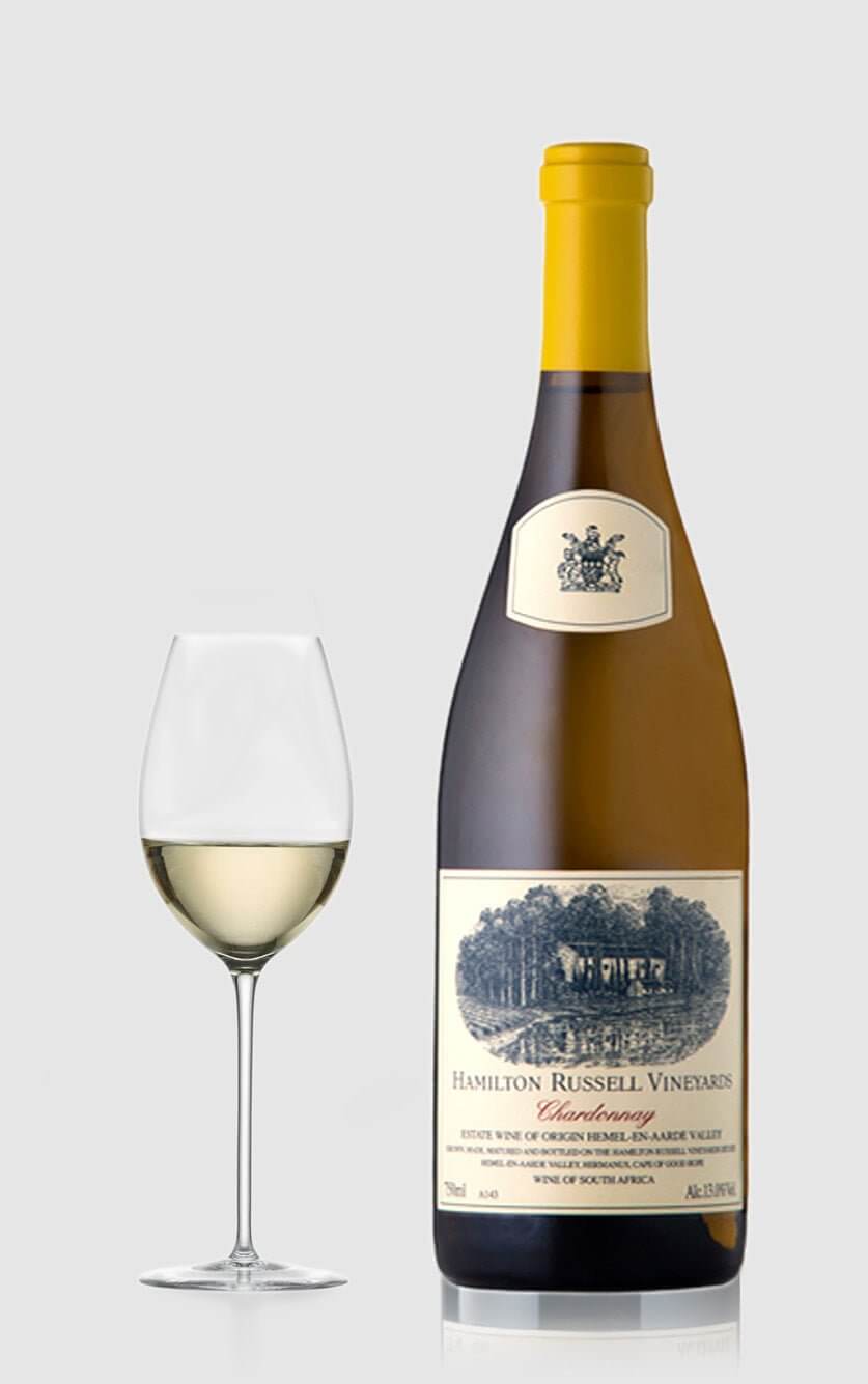 Flaske med Hamilton Russell Chardonnay 2023 klar til servering som elegant hvidvin til fisk og lette middage.