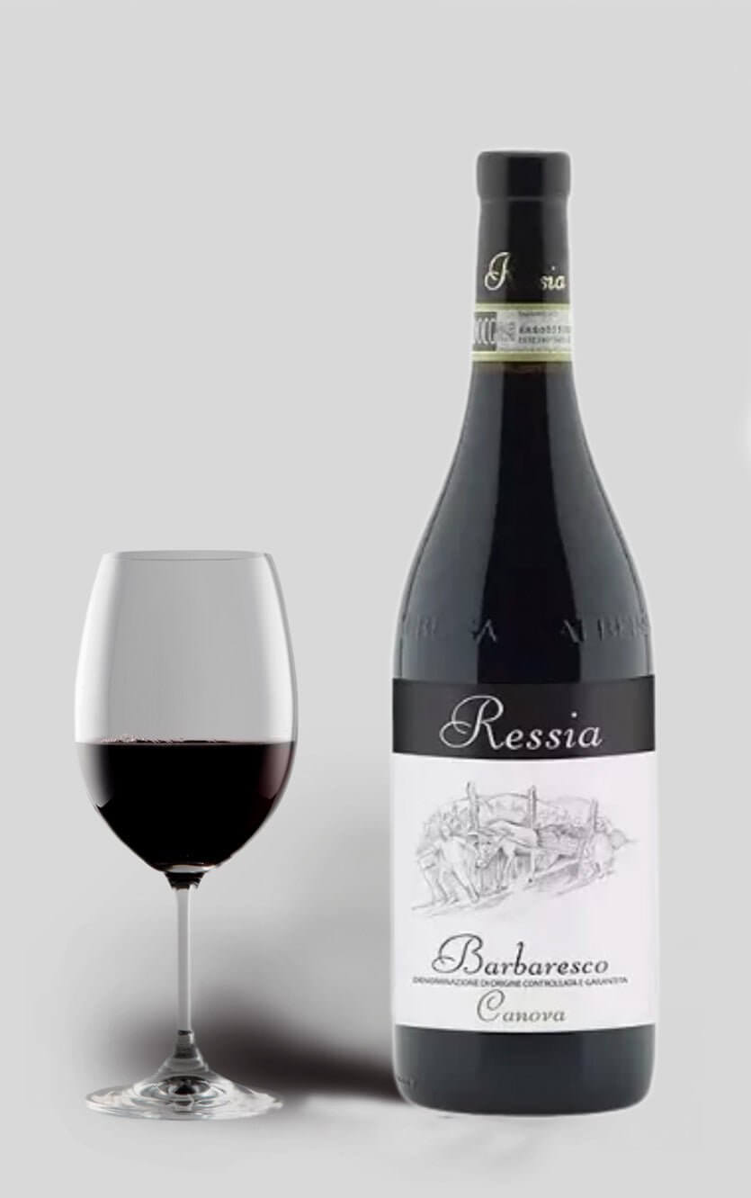 Flaske med Ressia Barbaresco Canova DOCG 2021, en elegant italiensk rødvin fra Piemonte