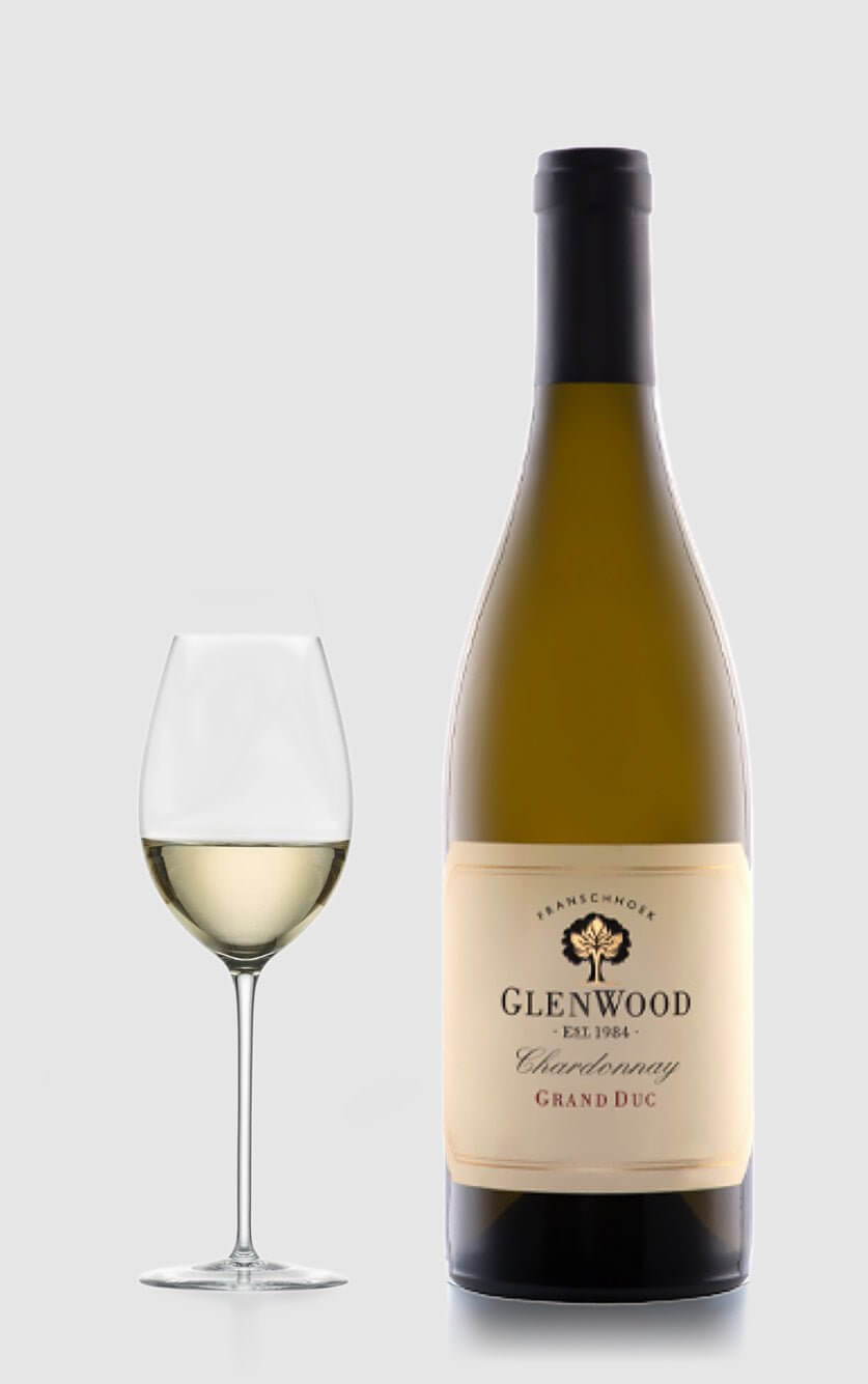 En elegant flaske Glenwood Grand Duc Chardonnay hvidvin fra Franschhoek-dalen i Sydafrika med fadlagring