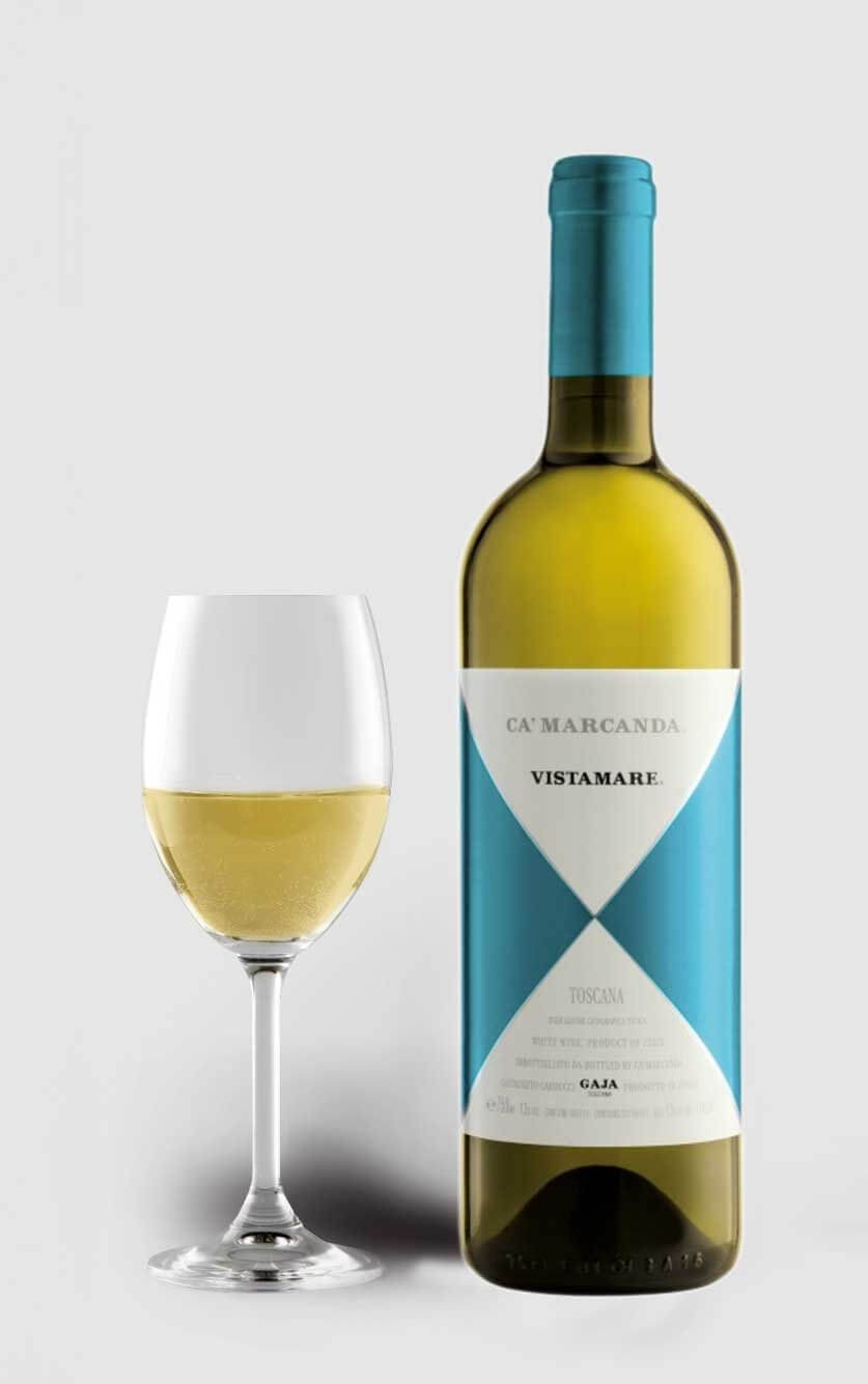 En flot flaske Vistamare Bianco di Toscana hvidvin fra Gaja, produceret af Vermentino druer fra den toscanske kyst