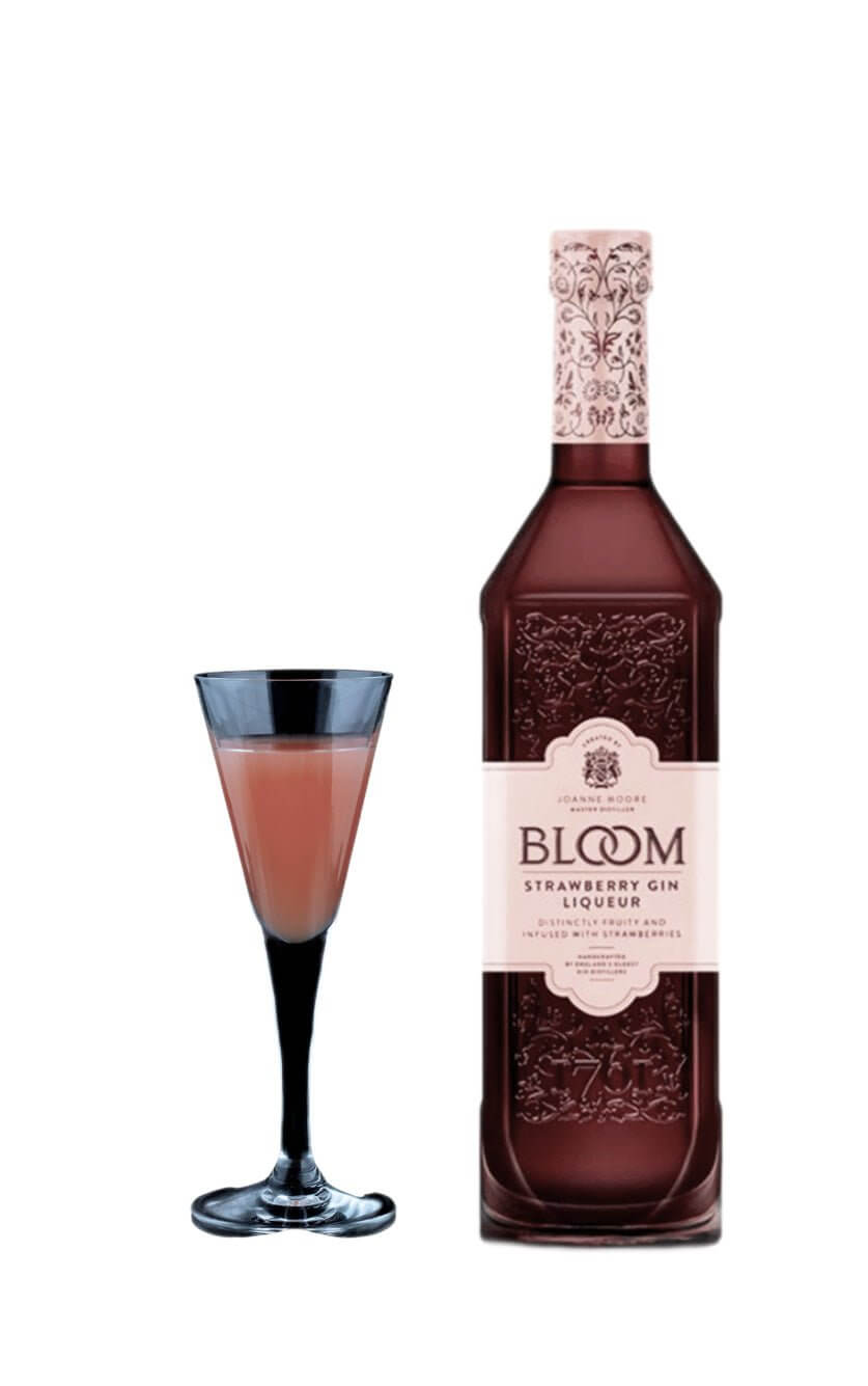 En flot flaske Bloom Jordbær Gin Likør med friske jordbær perfekt til bagning og desserter