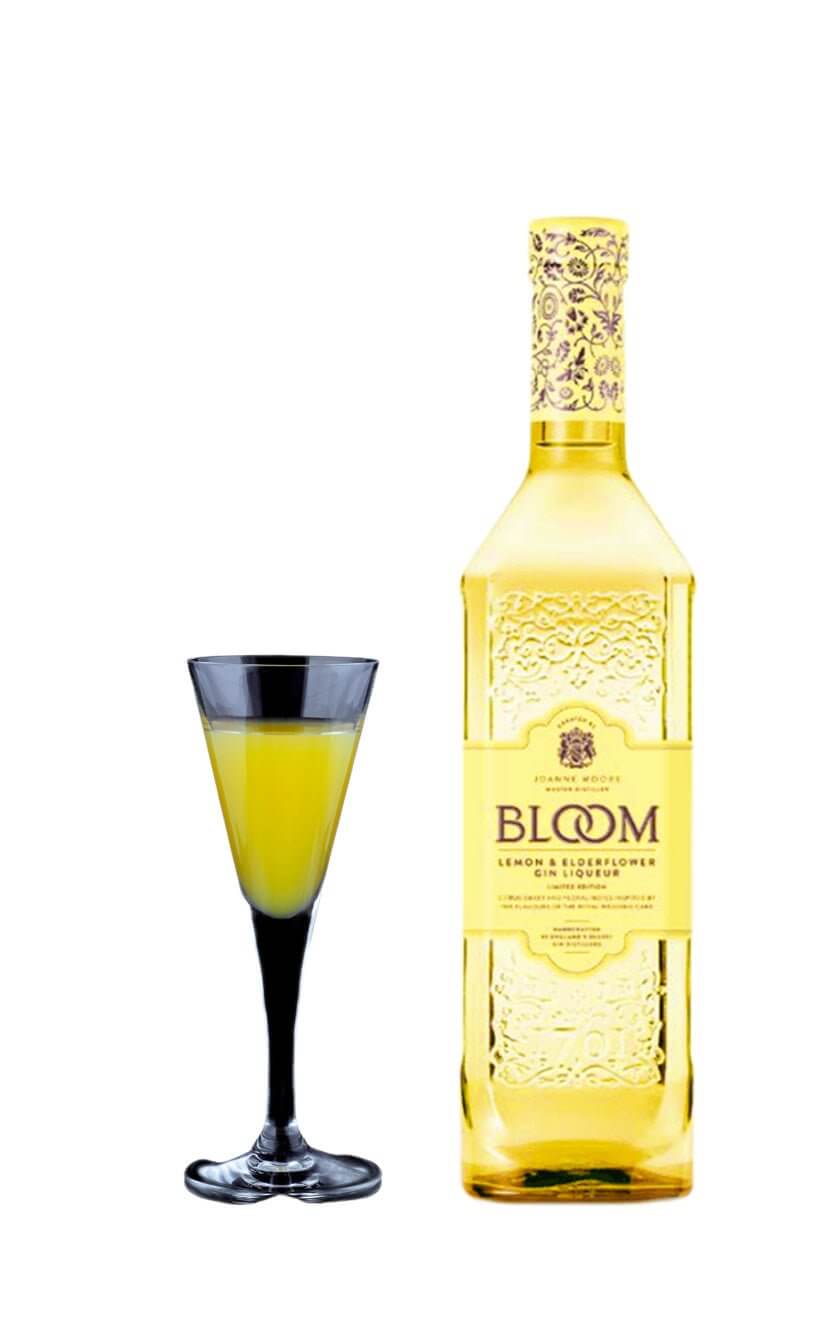 En flot flaske Bloom Lemon & Hyldeblomst Gin Likør med citrus og blomsternoter perfekt til bagning