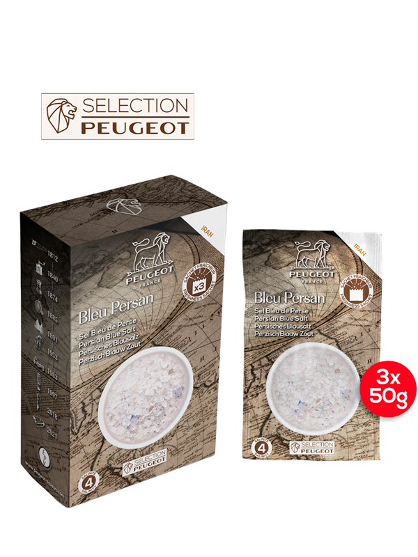 Gennemsigtig pose med Peugeot persisk blåsalt hvor man kan se de blå krystaller.