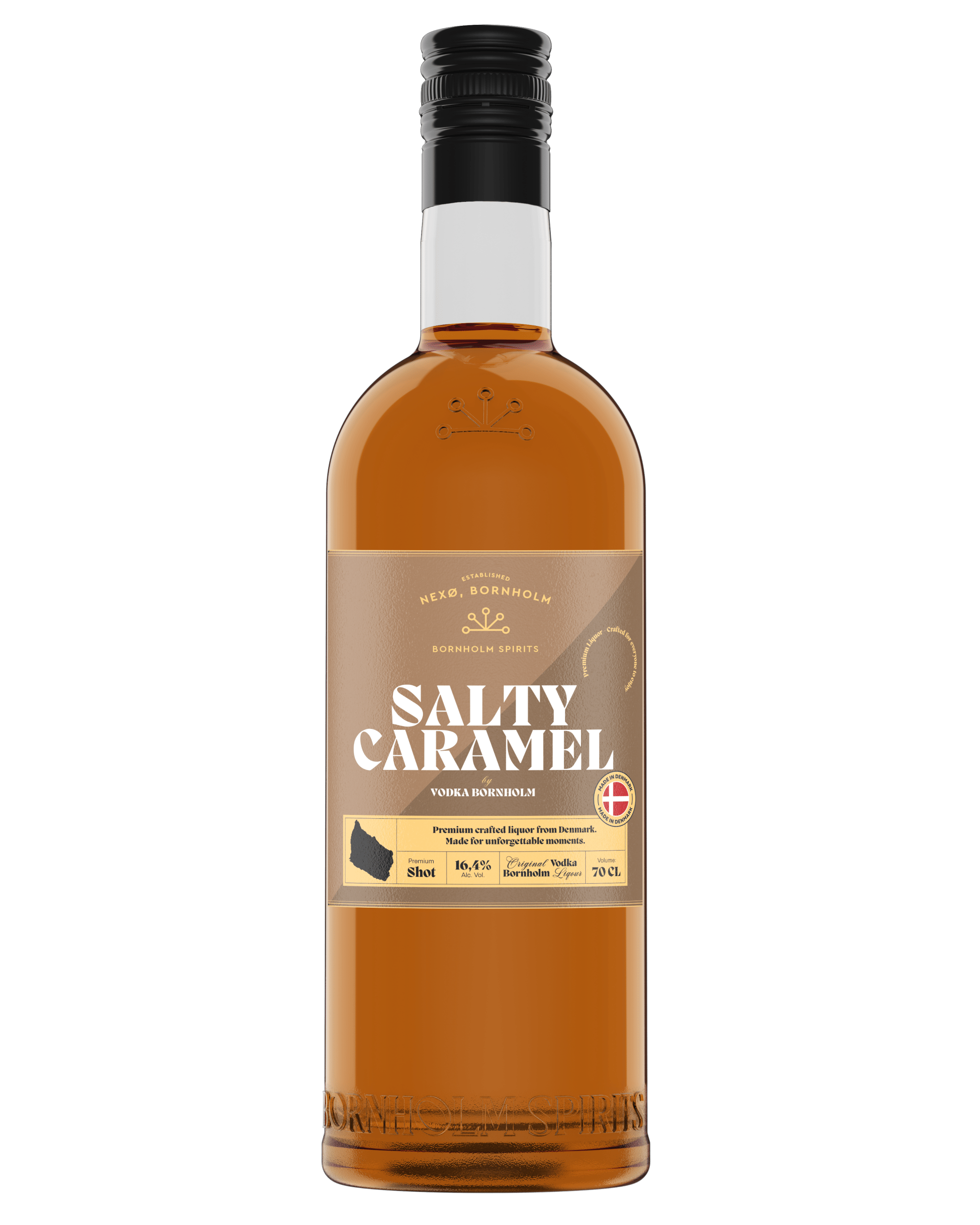 En flaske Shots by Vodka Bornholm Salty Caramel saltkaramel-likør fra Bornholm Spirits