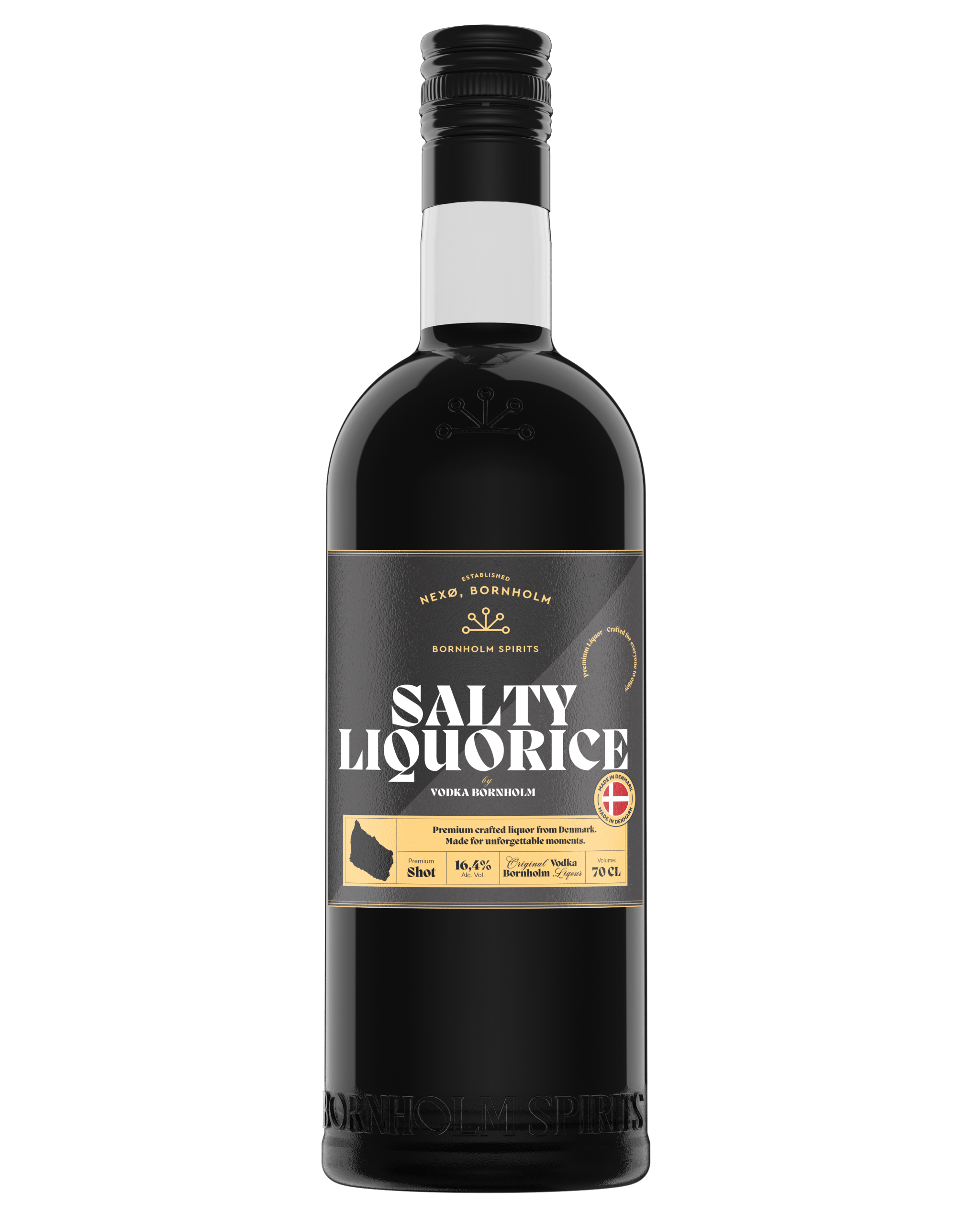 En flaske Shots by Vodka Bornholm Salty Liquorice saltlakrids-likør fra Bornholm Spirits