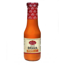 Flaske med autentisk rød Salsa Brava sauce fra Ferrer.