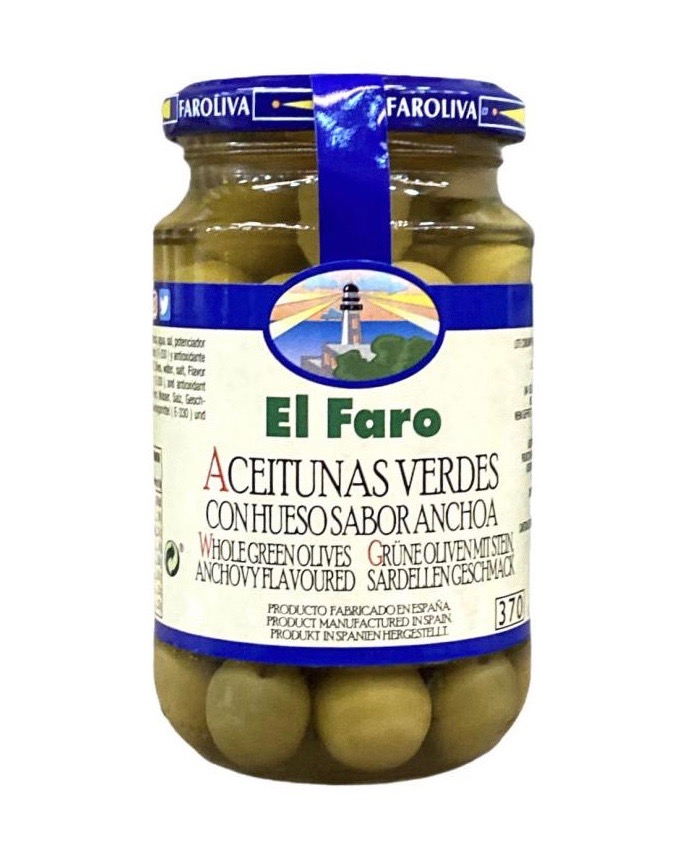 Dåse med grønne spanske oliven fyldt med ansjospasta.