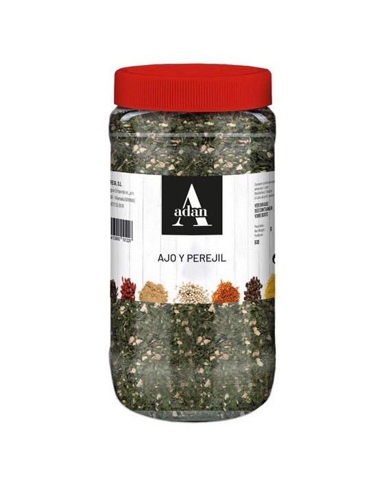 Bøtte med blanding af tørret hvidløg og persille krydderi